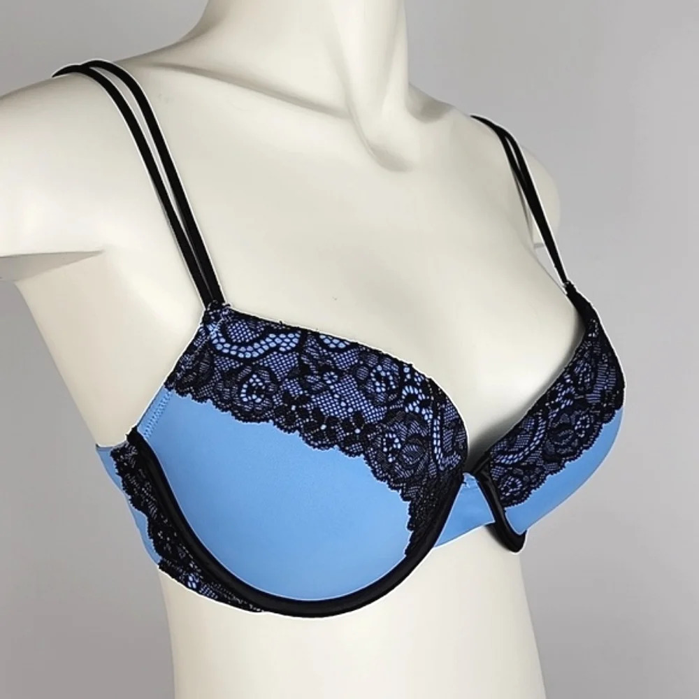 ⭐️2/ $30⭐️ Rose + Vine Blue Black Lace Underwire Bra Padded  Cups Size 34D / 36C